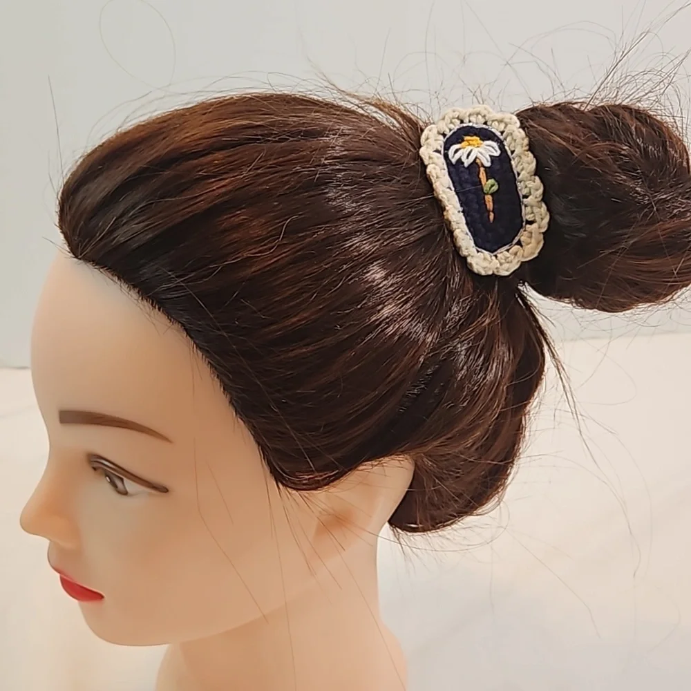 Hand Crafted Hand Knit Crochet Hair Clip Handmade Navy Blue  embroidered flower